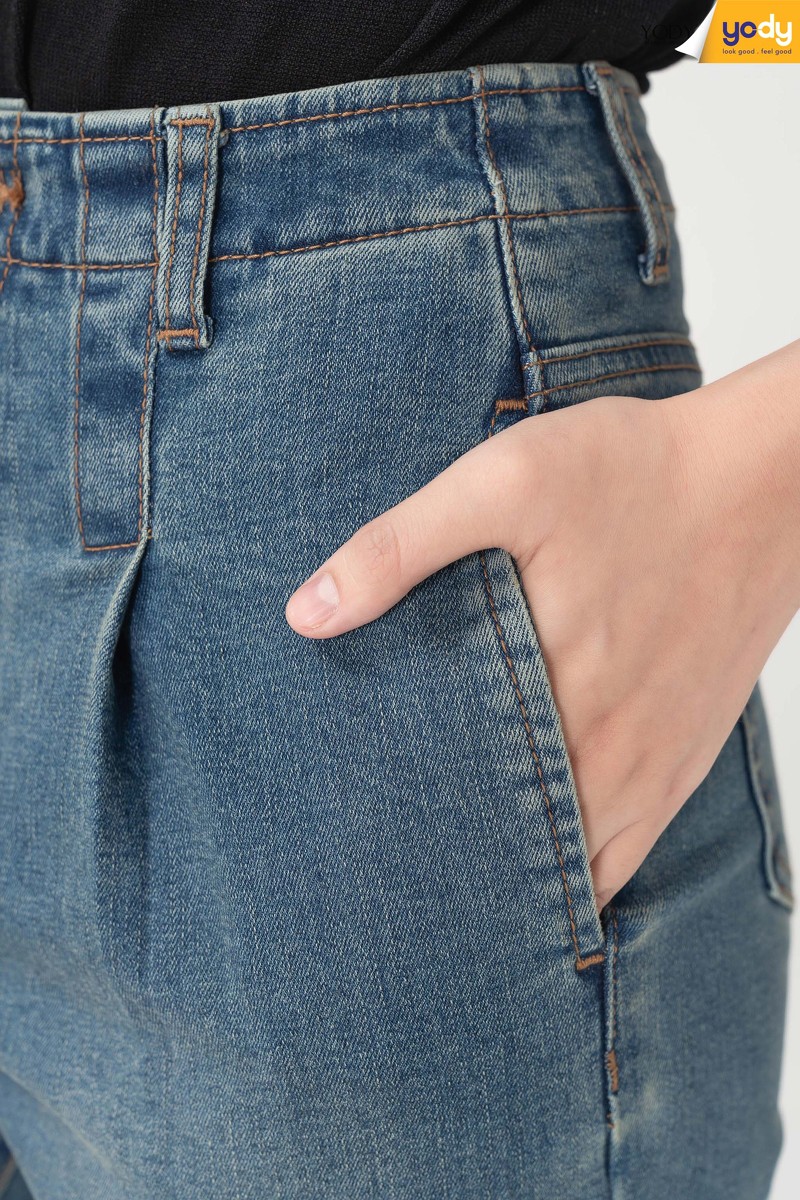 Quần Jean baggy nữ YODY cạp cao ống lửng chất bò co giãn tốt QJN3076