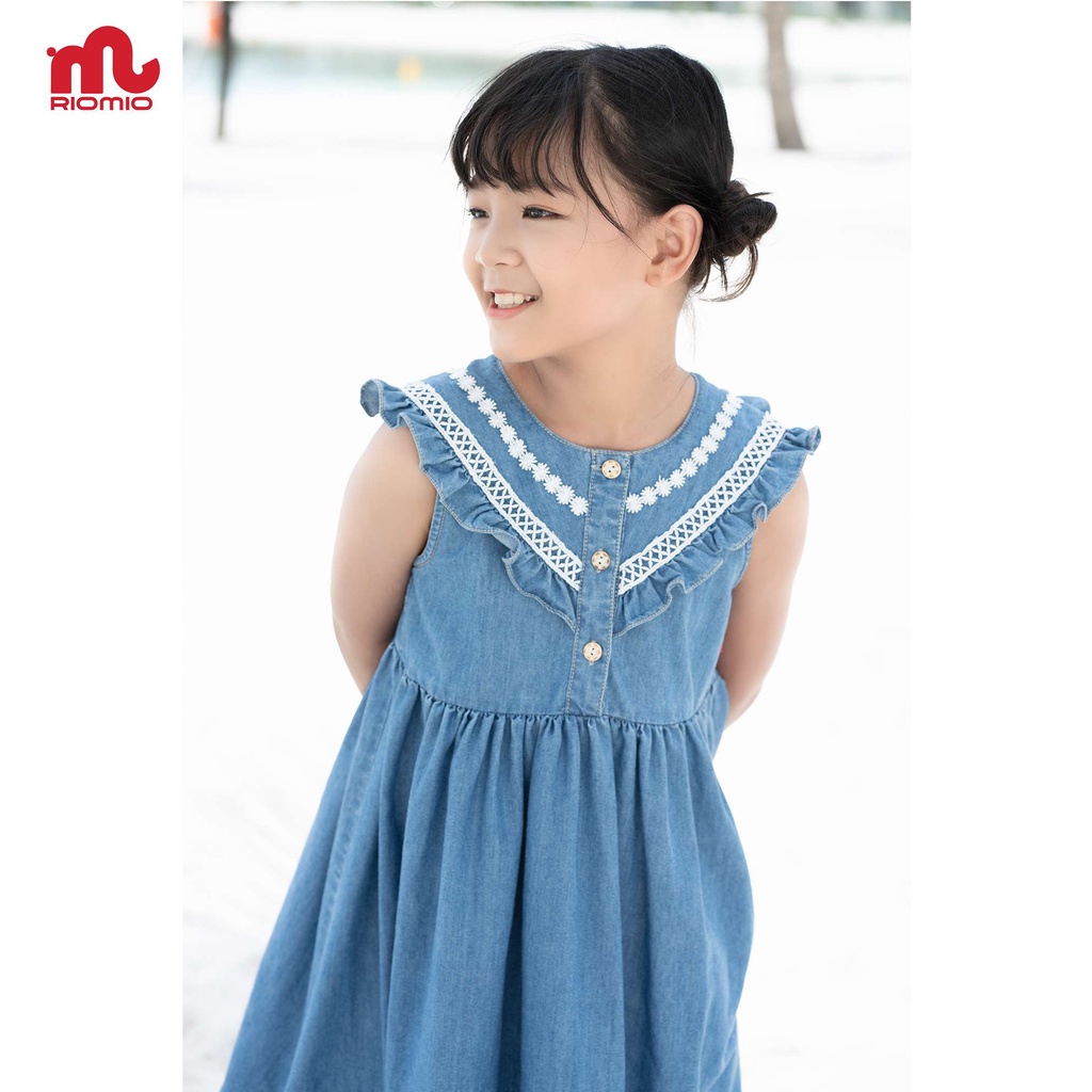 Váy jean bé gái 3-11 tuổi (15-40kg) dáng suông RIOMIO cổ phối ren 100% cotton USA cao cấp cho bé - RO216