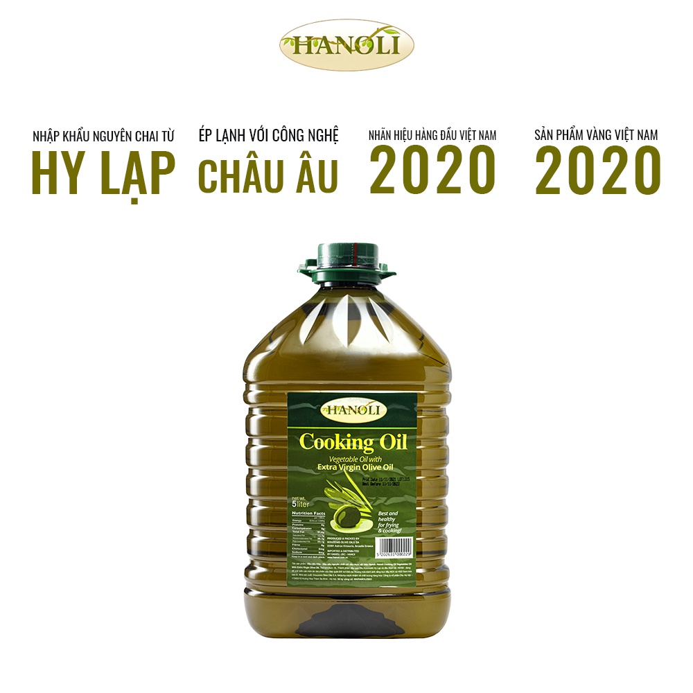 Dầu oliu nấu ăn HANOLI chai 5L chứa khoảng 75% dầu oliu siêu nguyên chất - Nhập khẩu nguyên chai Hy Lạp