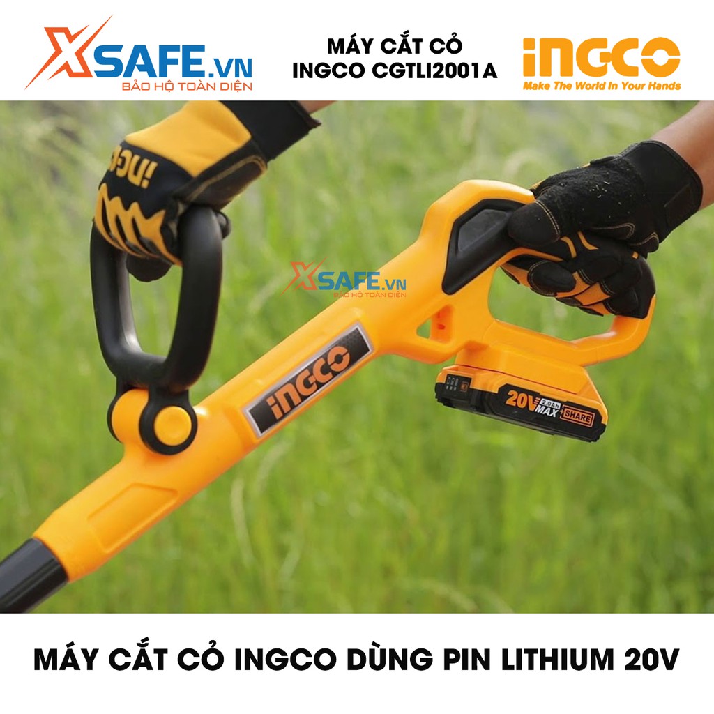 Máy cắt cỏ INGCO CGTLI2001 Tặng kèm Pin Lithium 20V và Sạc. Tốc độ không tải 8500/min, chiều dài lưỡi cắt 300mm