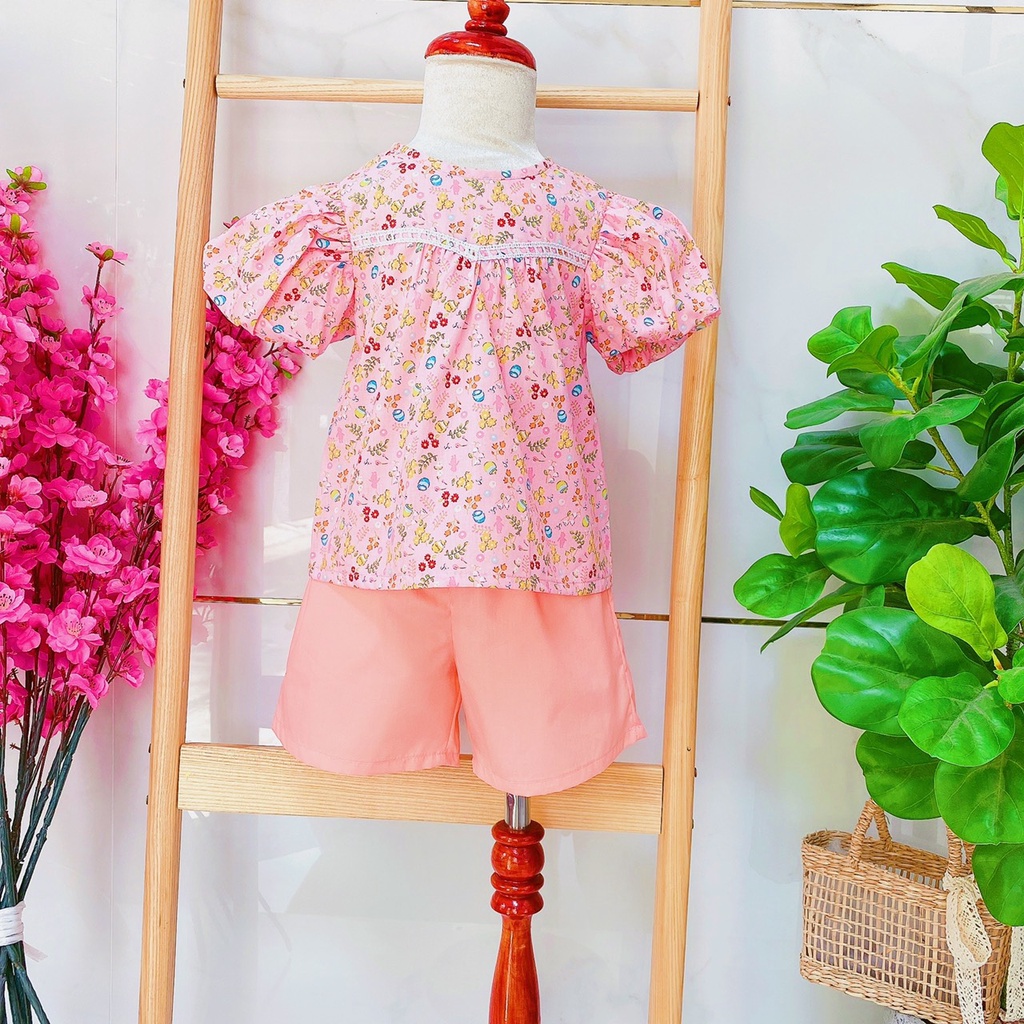 Bộ cotton hoa tay phồng mùa hè xinh xắn dành cho cho bé gái từ 12kg đến 33kg