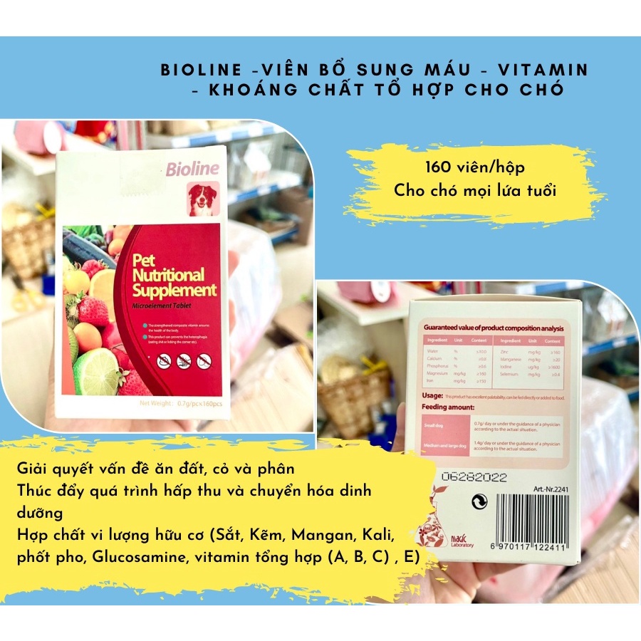 Viên bổ sung máu, Vitamin, Khoáng chất, Vi lượng cho Chó Bioline Pet Nutritional Supplement Hộp 160 viên