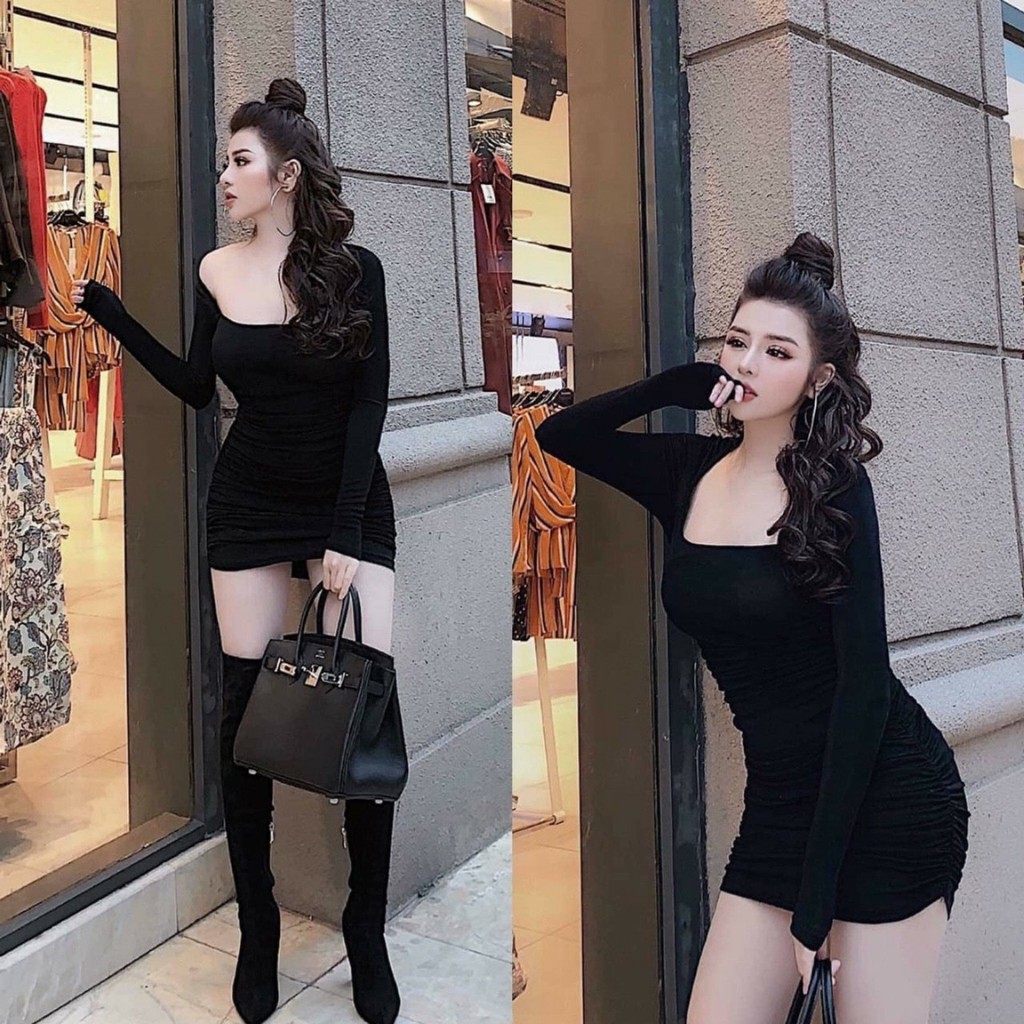 [MẪU MỚI] Đầm Body Nhún Sườn Tay Dài Cổ Chữ U Thun Borip Thích Hợp Mặc Đi Tiệc Đi Làm Đi Chơi | BigBuy360 - bigbuy360.vn