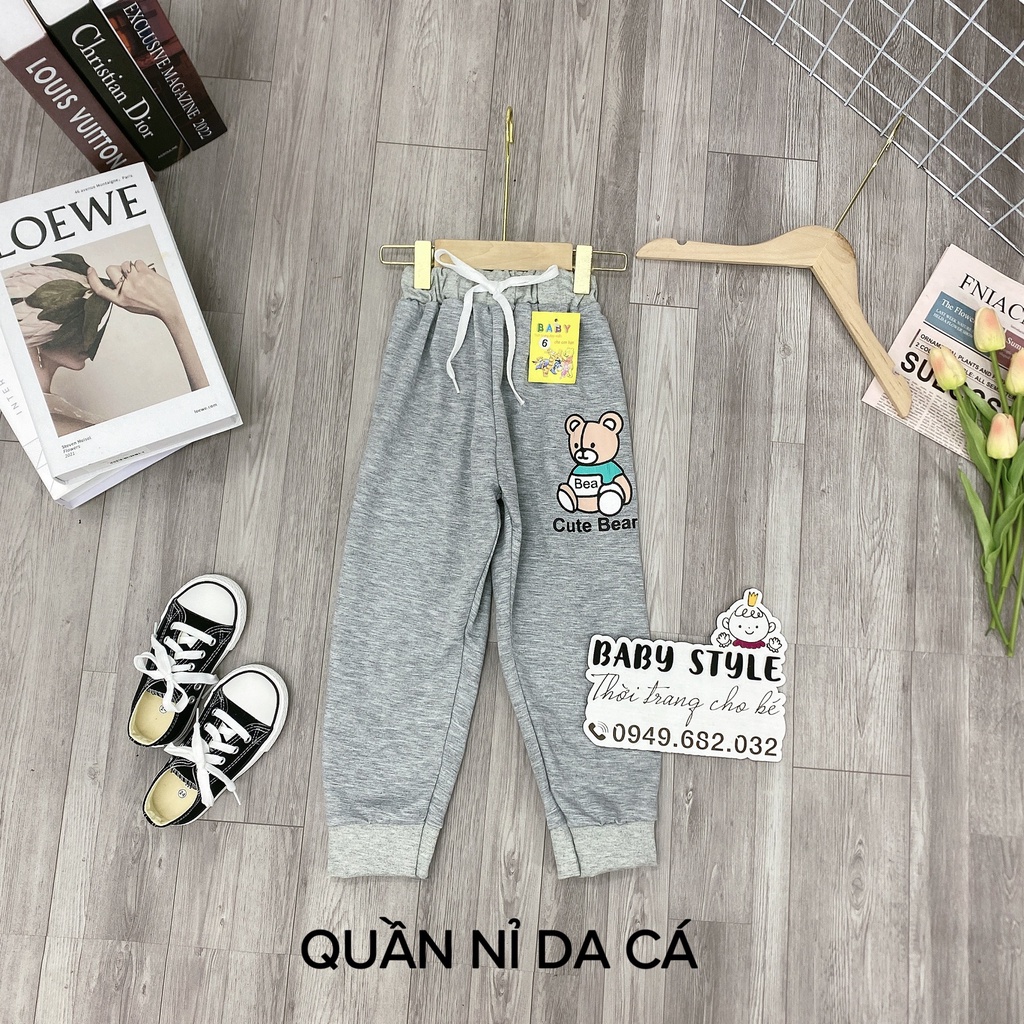 Quần dài thu đông bé trai &quot;GẤU&quot; 14-45kg. Quần nỉ da cá ấm áp cho bé 4-14 tuổi. Hàng may kỹ. B40