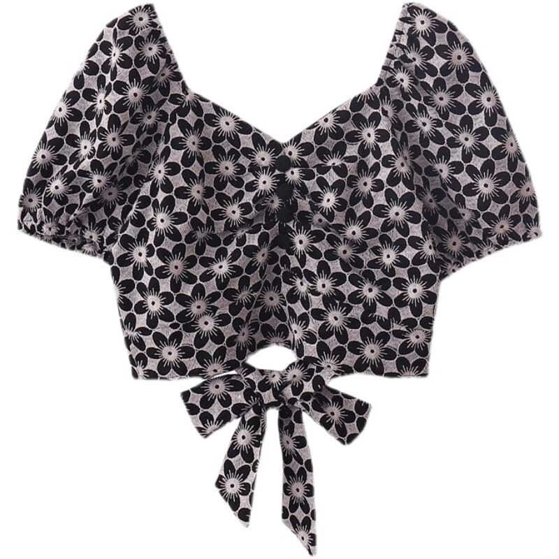 Áo Kiểu Tay Phồng Ngắn Phối Nơ In Họa Tiết Hoa Phong Cách Pháp Cổ Điển Thời Trang Mùa Hè Cho Nữ