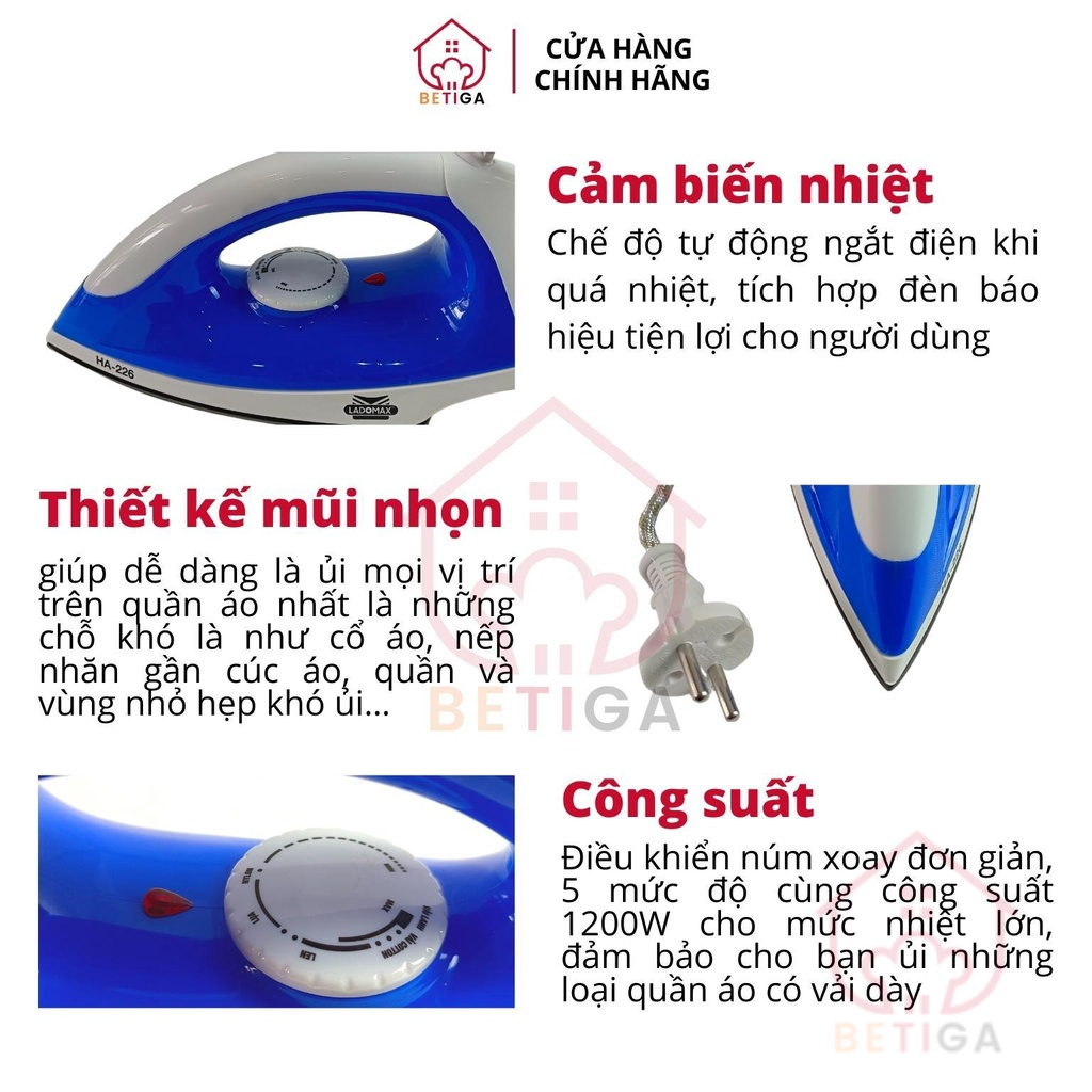 Bàn ủi điện Ladomax công suất 1200W, bàn là khô đế nhôm chống dính HA-226