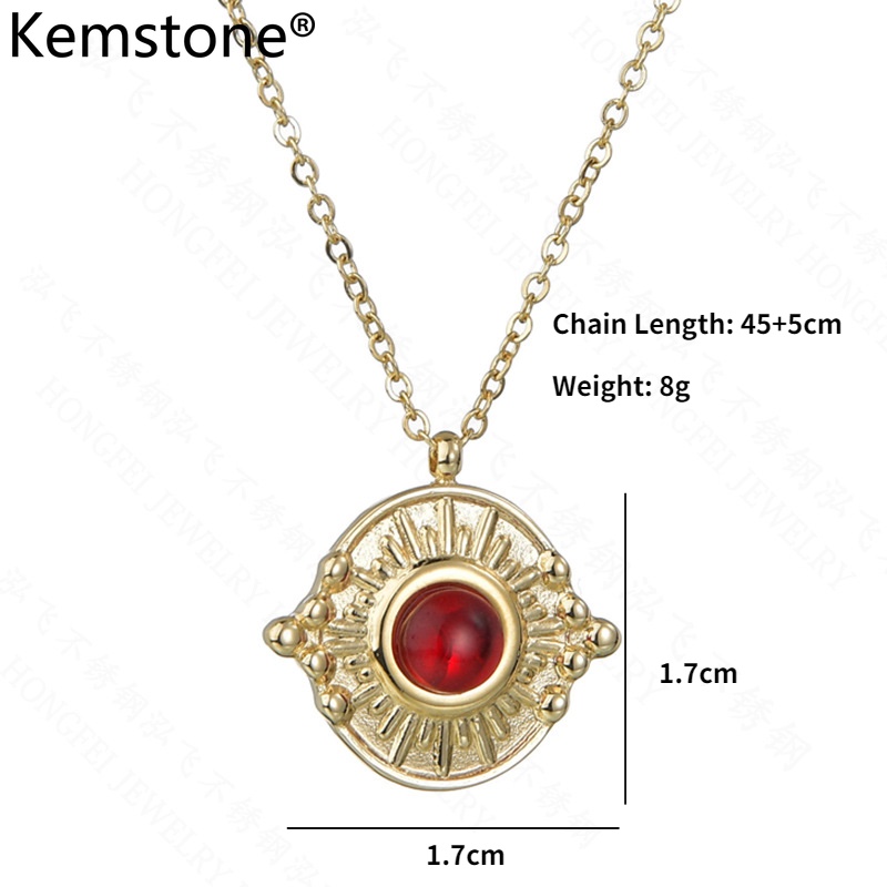 Kemstone Vòng cổ bằng thép không gỉ thời trang Mặt dây chuyền đá quý màu đỏ Mặt dây chuyền vòng cổ mạ vàng 14k cho phụ nữ