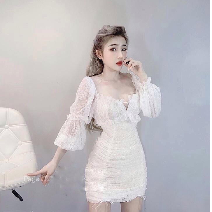 Váy đầm nữ dự tiệc chất ren nhúm eo tay phồng Amee | BigBuy360 - bigbuy360.vn