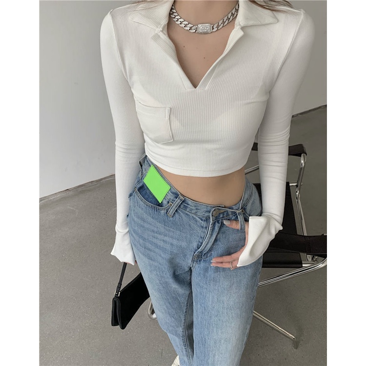 Áo Croptop Tay Dài Dáng Ôm Quyến Rũ Cho Nữ Kiểu Hàn Quốc