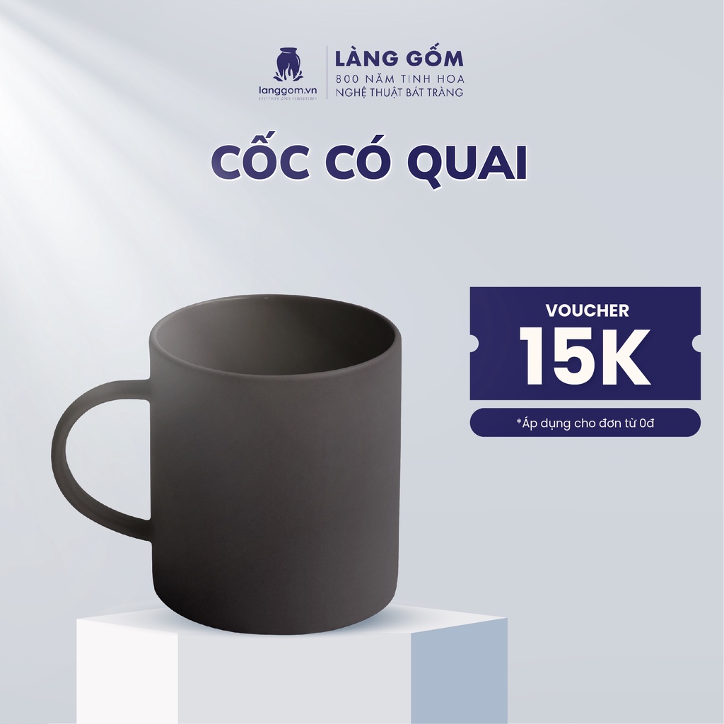 Cốc gốm sứ Bát Tràng cao cấp LÀNG GỐM 380ml, kiểu có quai, men mát dùng để uống nước, trà, cà phê