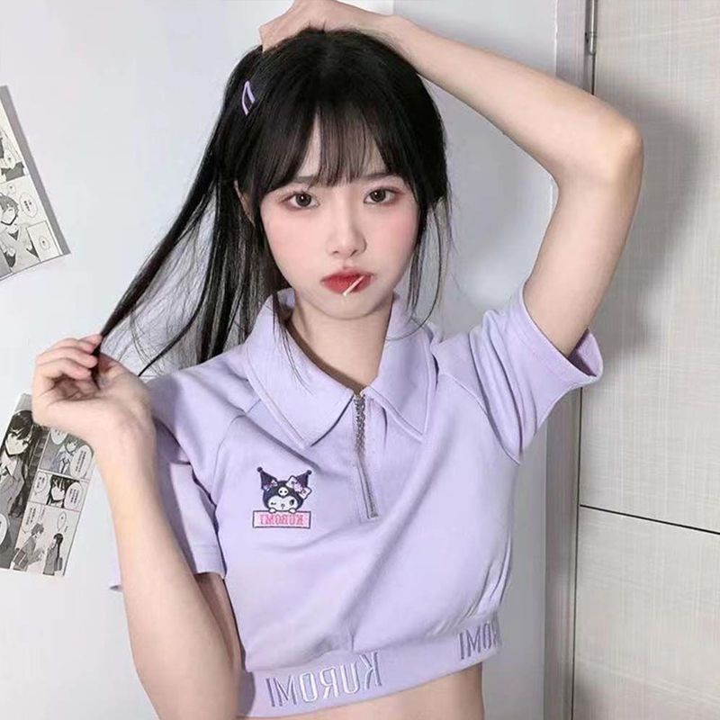 ✿Nhật Bản Ngọt Ngào✿Kuromi Tay Ngắn✿Bộ Áo Thun polo Ngắn Tay Thêu Họa Tiết Kuromi Dễ Thương + Quần Short Thể Thao Thời Trang Mùa Hè Cho Nữ