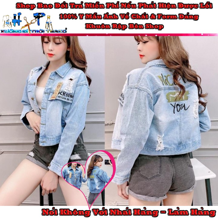 Áo Khoác Lửng Nữ Jean Cotton Cao Cấp Cào Rcahs Thêu Chữ Thời Trang Mẫu Mới Cực Xinh 2020 - Hàng Có Sẵn