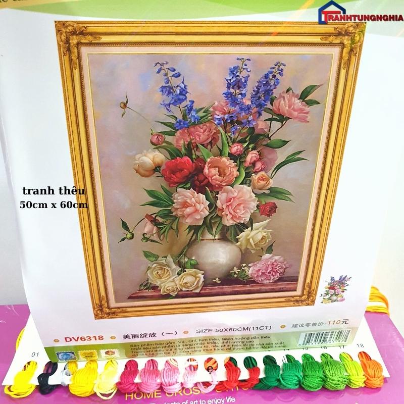 Tranh đính đá, tranh thêu chữ thập bình hoa khoe sắc