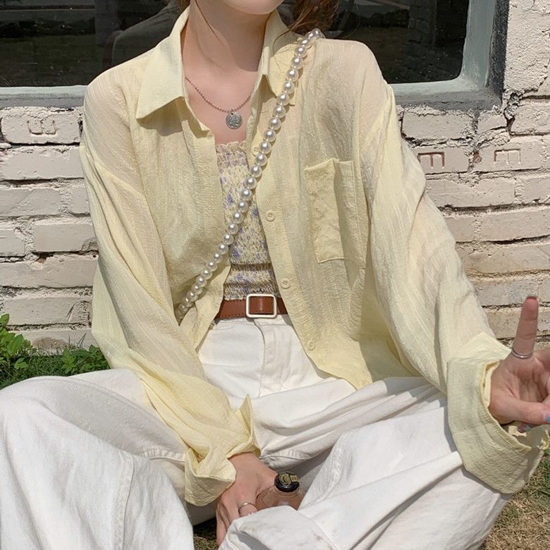 Áo Sơ Mi Tay Dài Xuyên Thấu Phong Cách Hàn Quốc Cho Nữ