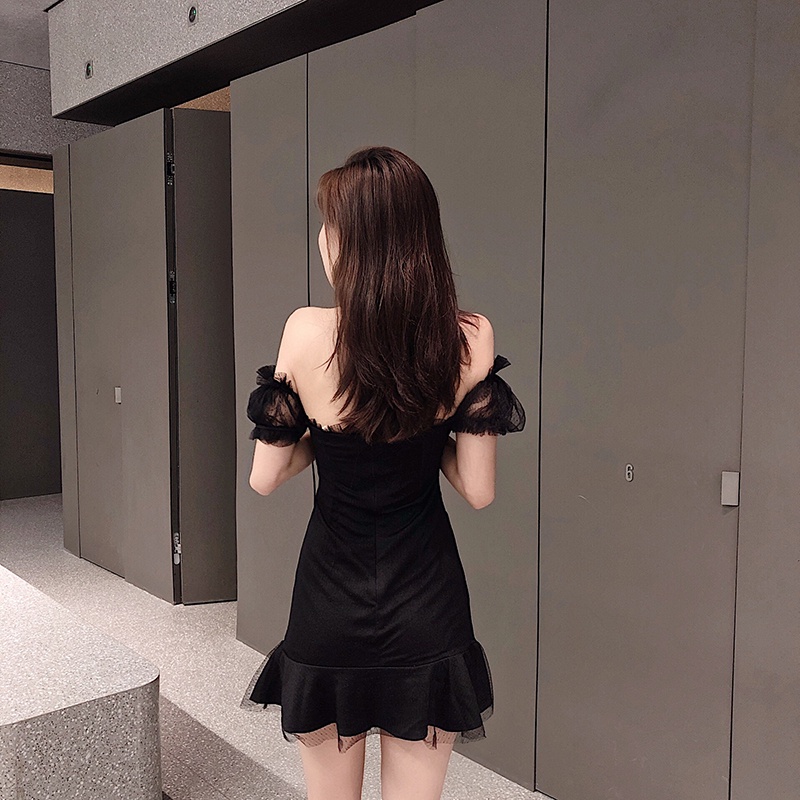 IELGY IELGY Đầm Đen Dáng Chữ A Lưng Cao Phong Cách Pháp Thời Trang Cho Nữ