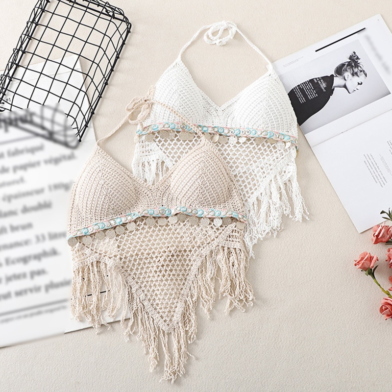 Áo Lót Bikini Cổ Chữ V Hở Lưng Có Viền Tua Rua Kim Sa Lấp Lánh Quyến Rũ Cho Nữ