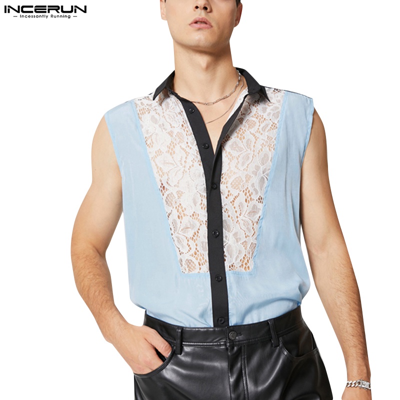 Incerun Áo Sơ Mi Lưới Cá Không Tay Cài Nút Phong Cách Retro Dân Gian Cho Nam