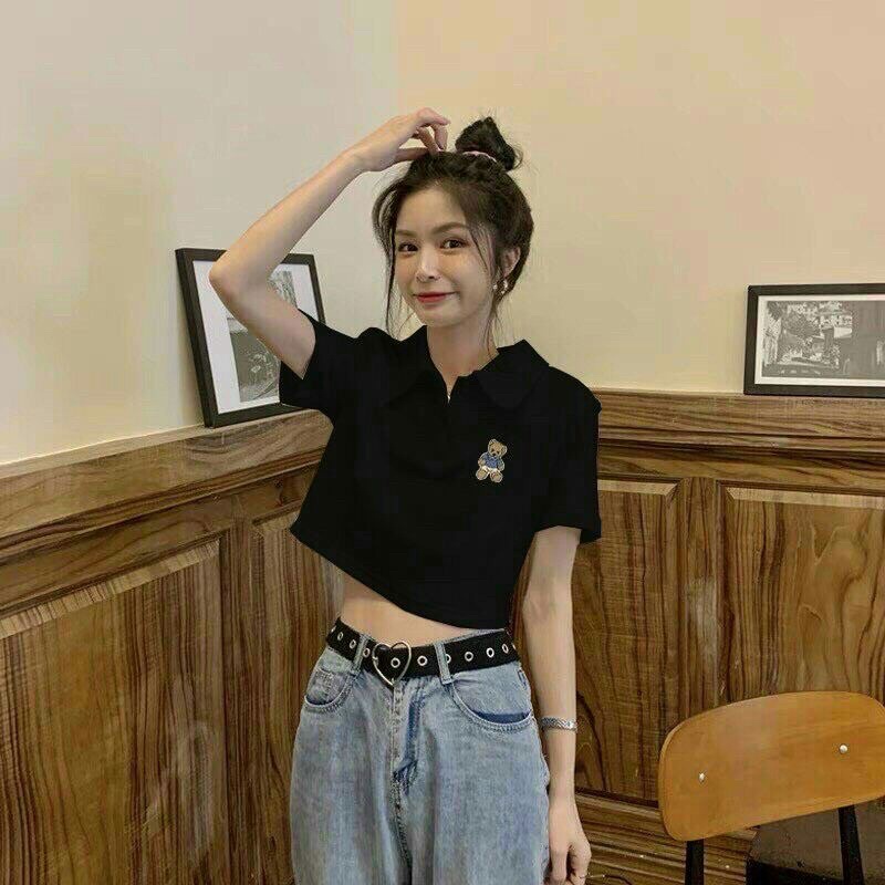 🍑Áo Thun Croptop Polo Cổ Trụ Ngắn Tay In Hình Gấu 🐻 Đáng Yêu - Mã: 459🍑 TV - Fashion