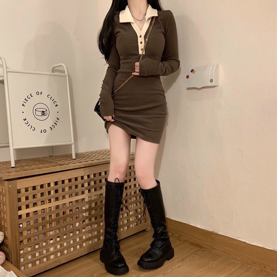 đầm gân ôm body cổ trụ phối nút dài tay