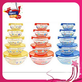 Set 5 Tô Thủy Tinh Có Hoa Văn Có Nắp Đậy