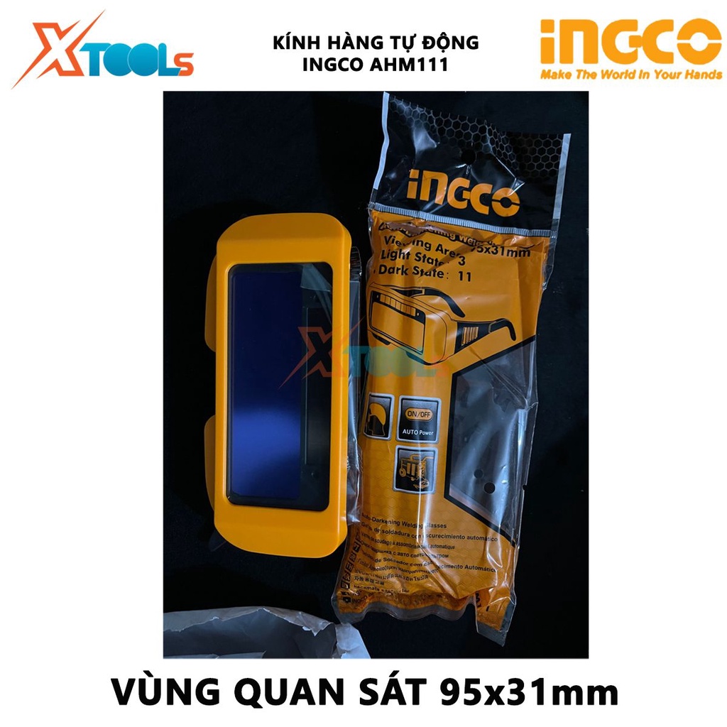 Kính hàn tự động làm tối INGCO AHM111 | Kính hàn điện tử Vùng nhìn 95x31mm, Kích thước hộp mực 108x 50,8x 5mm Cảm biến 2