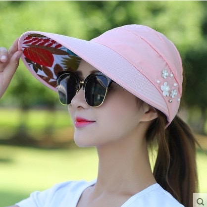 Mũ mùa hè rộng vành chống Nắng Nửa Đầu gắn ngọc trai, Nón Đi du lịch, Biển Thời Trang Hàn Quốc CHỐNG GẪY GẬP