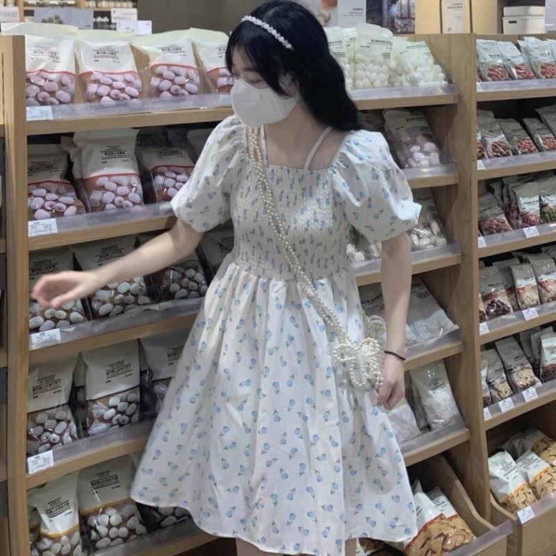 Váy babydoll hoa nhí trễ vai cổ vuông tay bồng Hàn Quốc bo chun chữ A xoè dáng ngắn 2 lớp tiểu thư (TTA121)