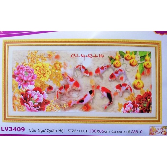 tranh thêu chữ thập cửu ngư quần hội lv3409 (130x65) cm -tranh chưa thêu