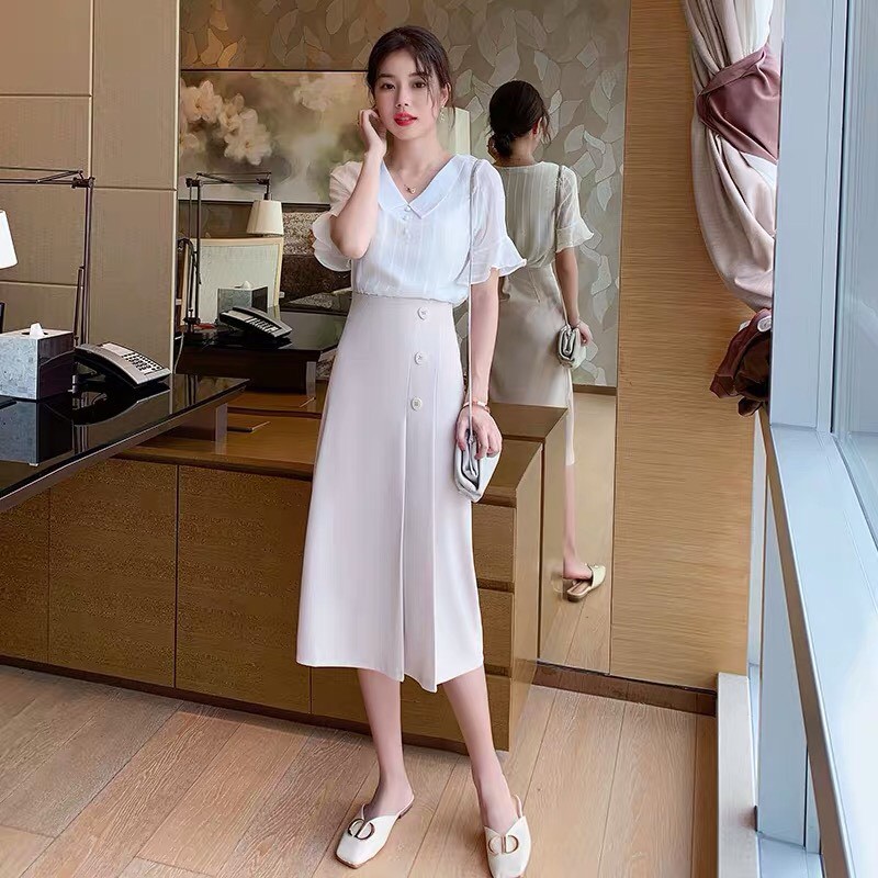 Chân váy đẹp_ xếp li phối 3 khuy - 4BASIC - CV01