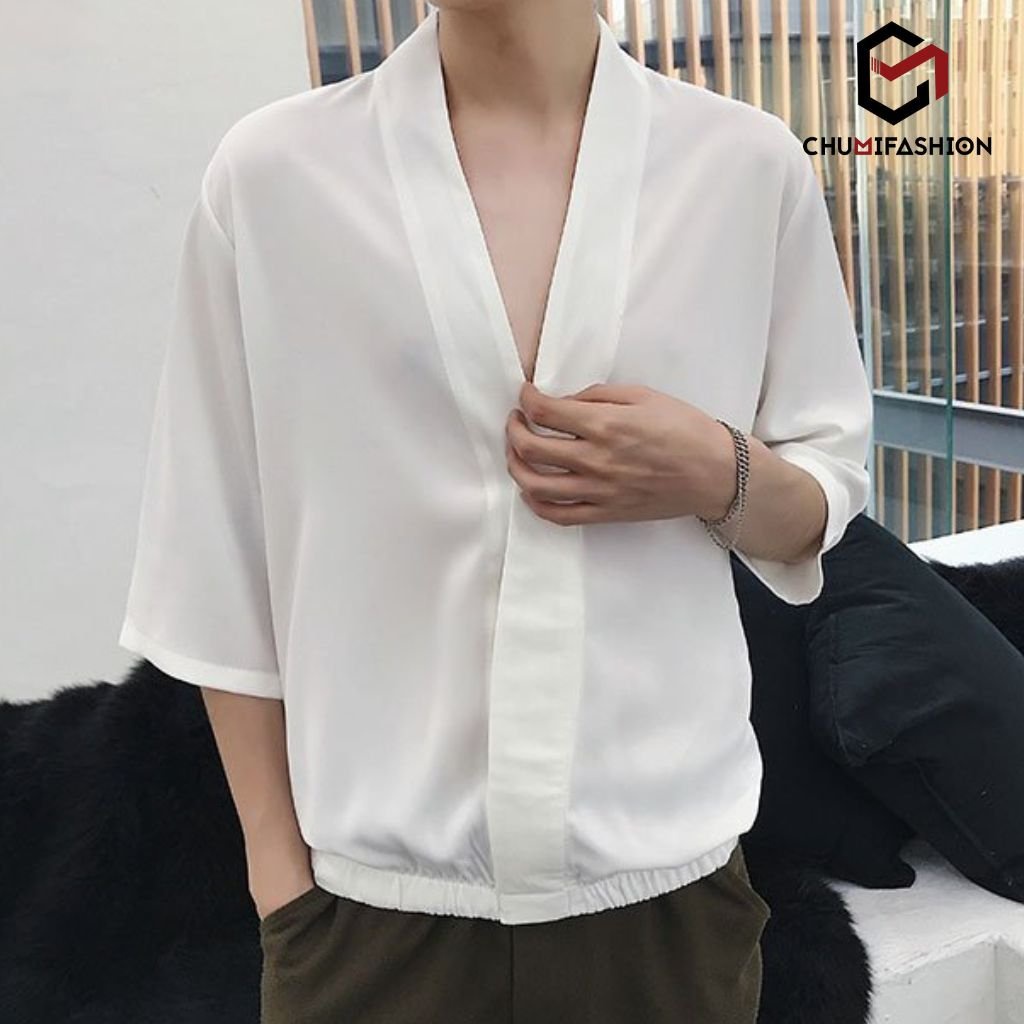 Áo sơ mi nam CHUMI không cổ tay lỡ dáng rộng, dấu khuy phong cách sang trọng lịch sự cức hót asm 46