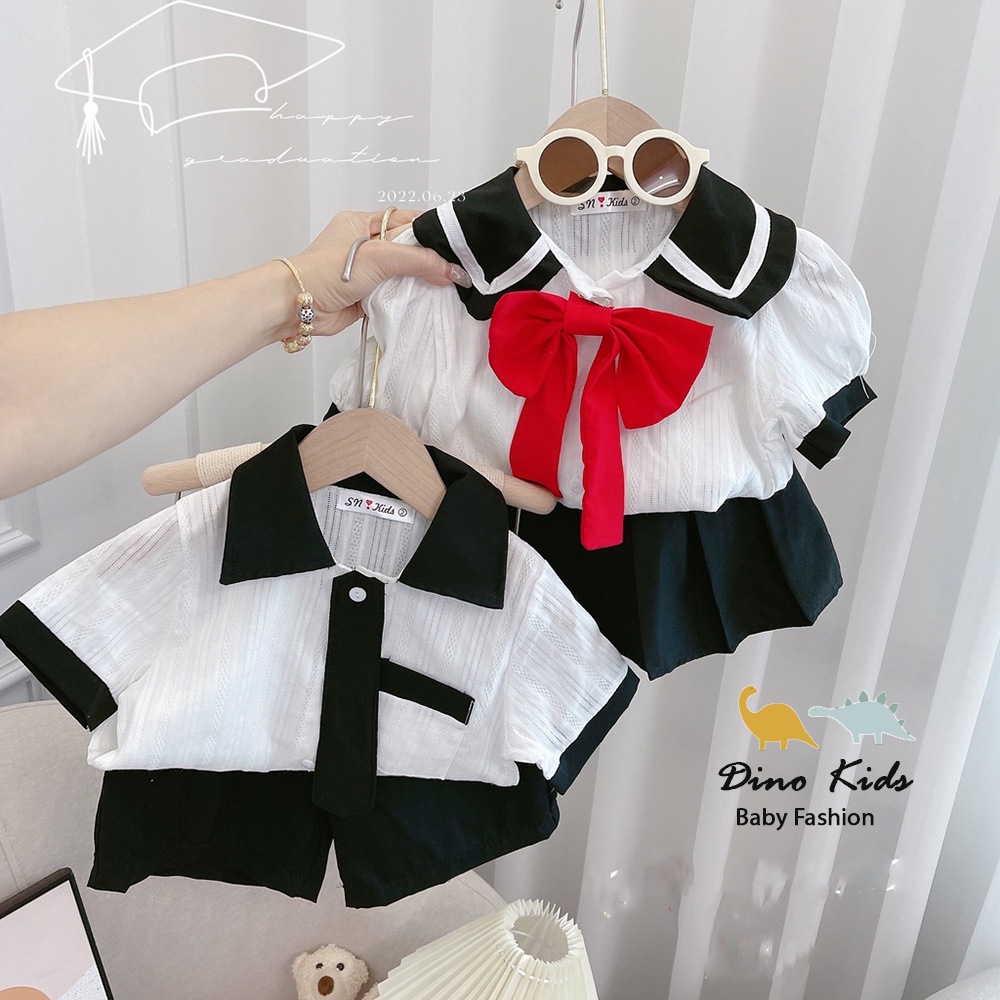 Đồng phục học sinh, cặp đồng phục set váy bé gái nơ đỏ- set bộ bé trai cà vạt chất thô boil xịn cho bé 12-35kg