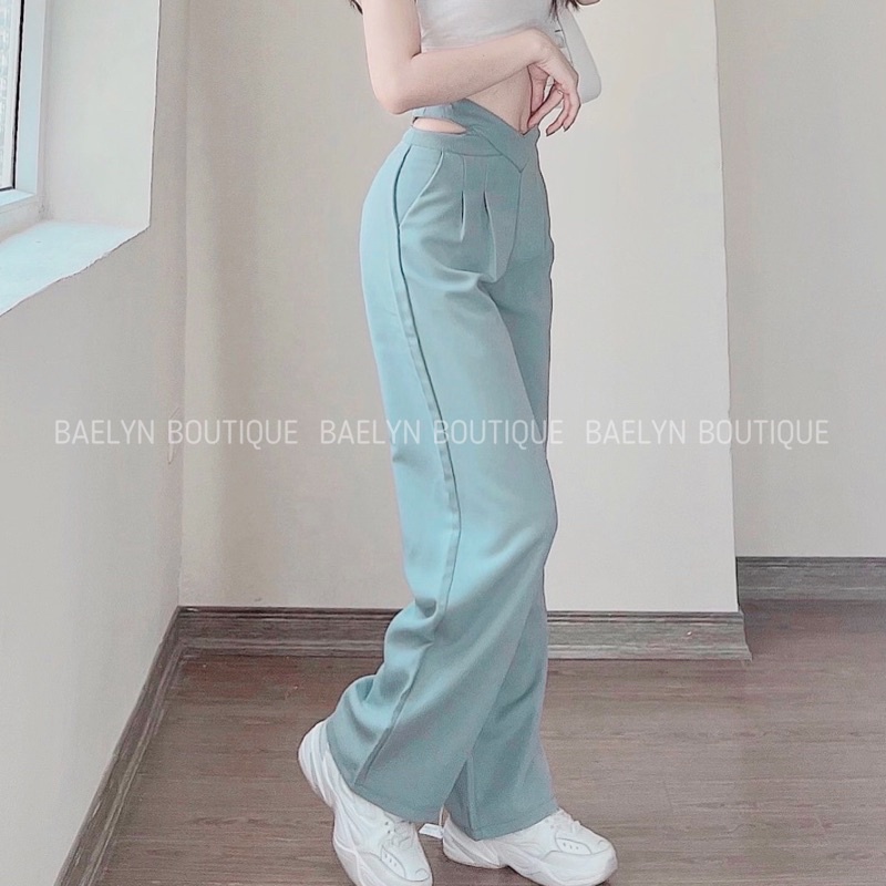 Quần suông ống rộng khuyết eo tôn dáng màu xanh và đen dành cho nữ - Hàng chuẩn QCCC | BigBuy360 - bigbuy360.vn