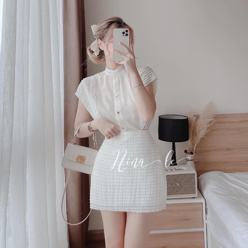 Set áo sơmi phối ren + chân váy