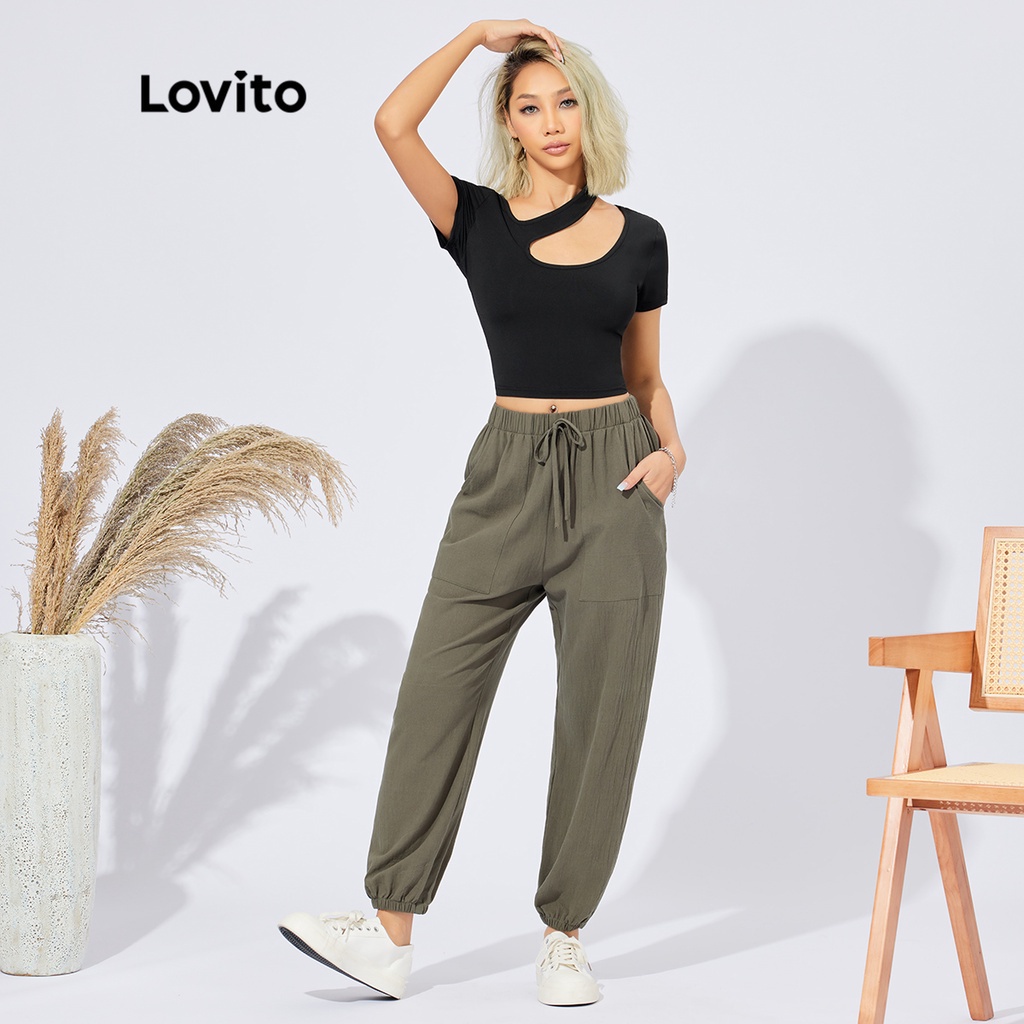 Lovito Áo Sơ Mi Trơn CắT Cúp Crop T Đơn GiảN L22Ed029 (Đen)