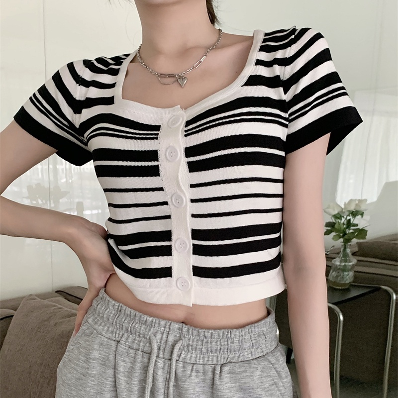 SUXI Áo Dệt Kim Ngắn Tay Cổ Chữ U Ôm Dáng Họa Tiết Kẻ Sọc Màu Sắc Tương Phản Ngọt Ngào Phong Cách Vintage