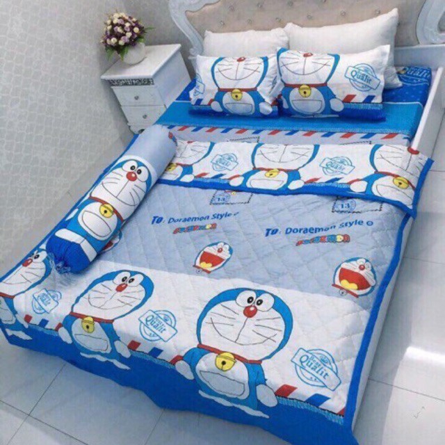 Set 4 Món Chăn Hè Trần Bông Cotton Poly Mẫu DORAEMON TEM THƯ Dành Cho Các Bé Nhà Mình - evily1990