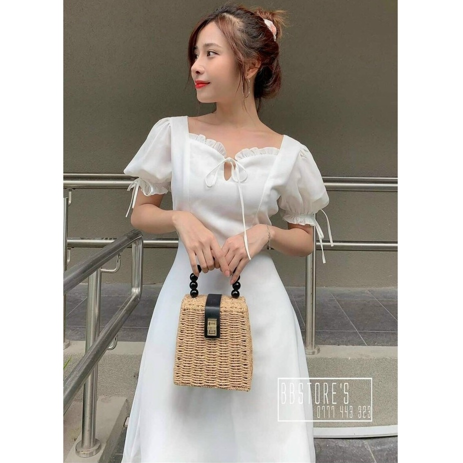 Gunkaymatter Váy Đầm Nữ Cổ Bèo Nhún Tay Dáng Tiểu Thư Ngực Phối Dây ,Chất Liệu Voan Cao Cấp Thời Trang Nữ