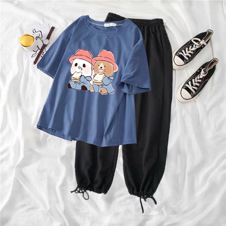 Sét áo phông Gẫu mũ đỏ + quần Bom, Áo thun from rộng, Chất đẹp không xù, quần suông ống rộng, Sét bộ mặc ở nhà - MODY