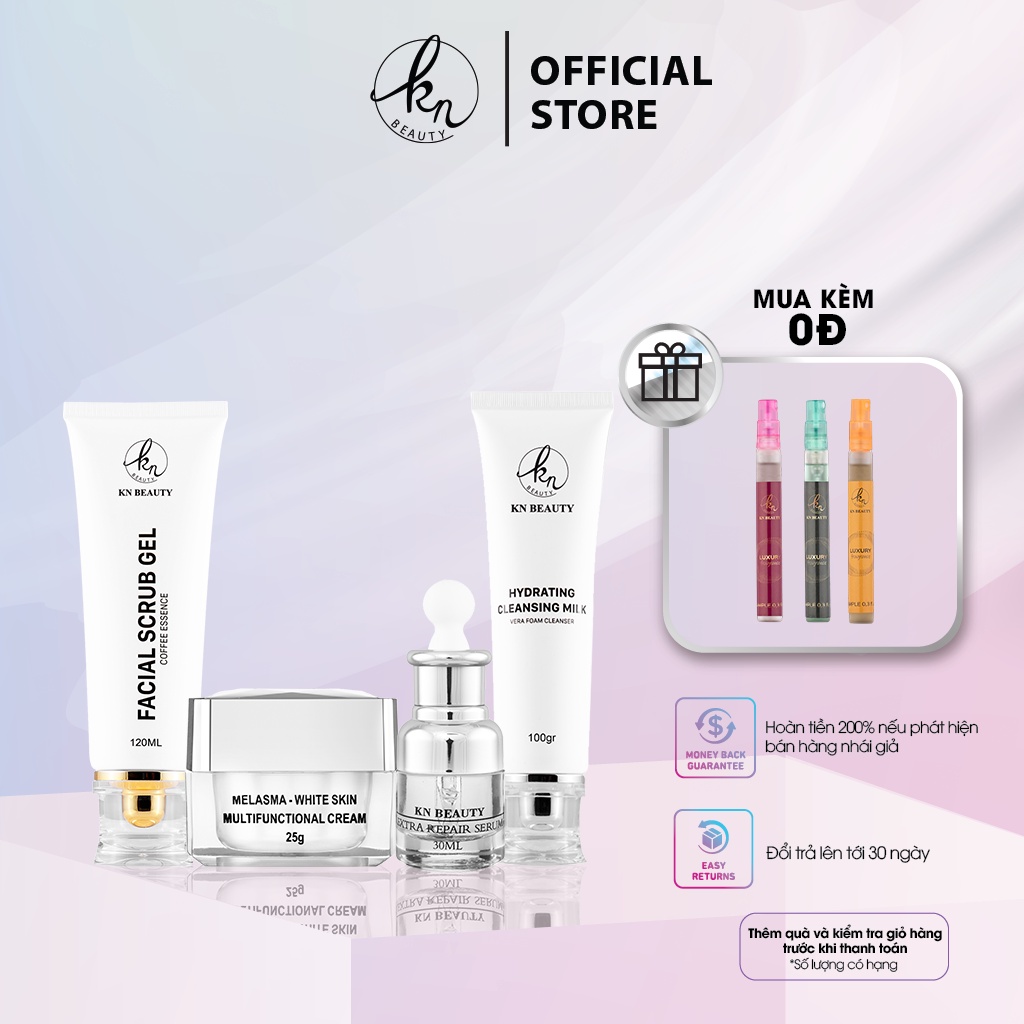 Bộ 4 sản phẩm Trắng Da Ngừa Nám KN Beauty Kem dưỡng+Serum+Tẩy tế bào chết+ sữa rửa mặt (tặng 2 nước hoa)