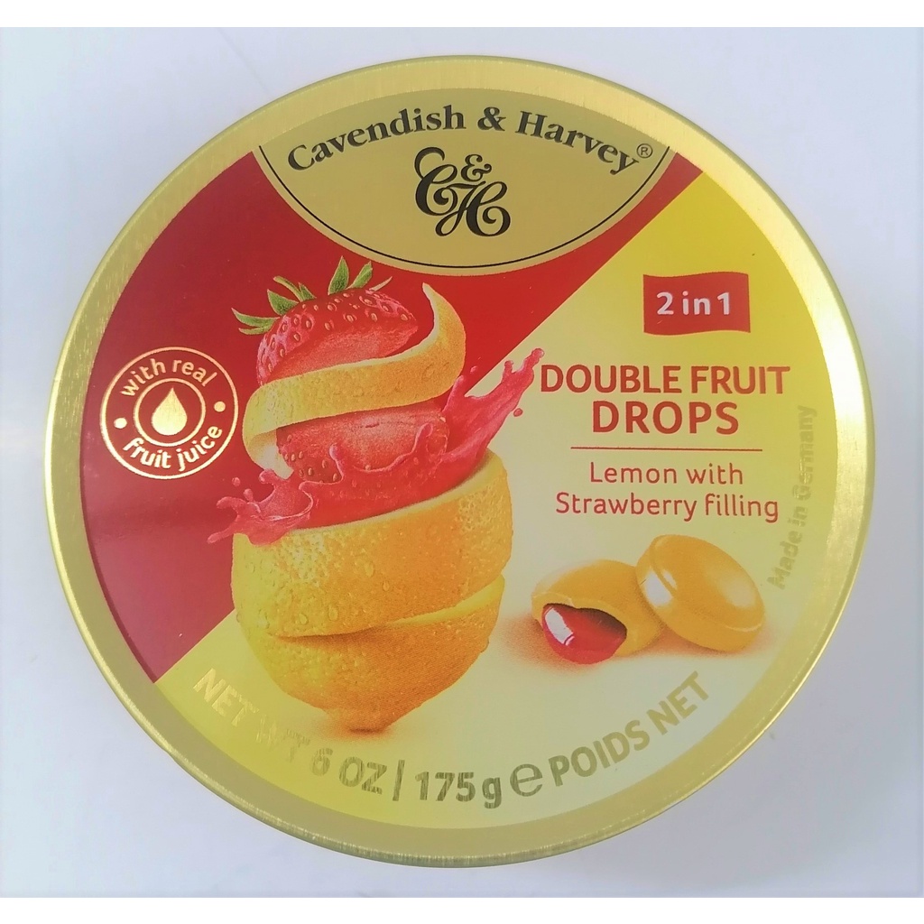[Hộp thiếc 175g – Lemon &amp; Strawberry] KẸO CHANH VÀNG NHÂN DÂU TÂY [Germany] CAVENDISH &amp; HARVEY Drops Filling (tbo)