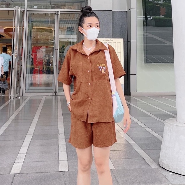 Set sơ mi nhung tăm thêu chữ mix quần short đùi BN200