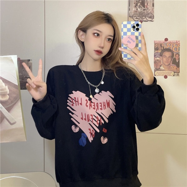 Áo sweatshirt PEWARNA IKAT dài tay họa tiết trái tim hoạt hình dáng rộng phong cách Nhật Hàn thời trang thu đông cho nữ