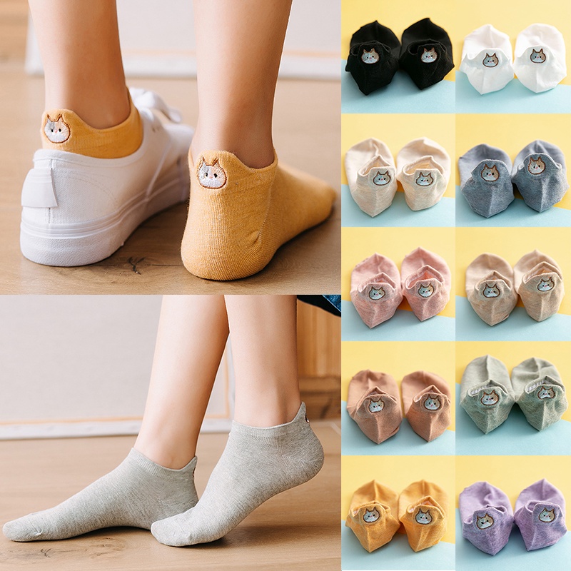 Vớ cotton mềm cổ ngắn thêu hình mèo dễ thương dành cho nữ