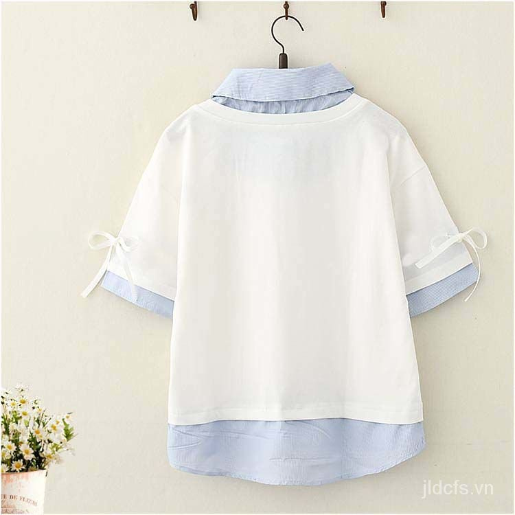 Áo thun nữ tay ngắn cổ bẻ thêu chữ phong cách Nhật Bản thời trang mùa hè
