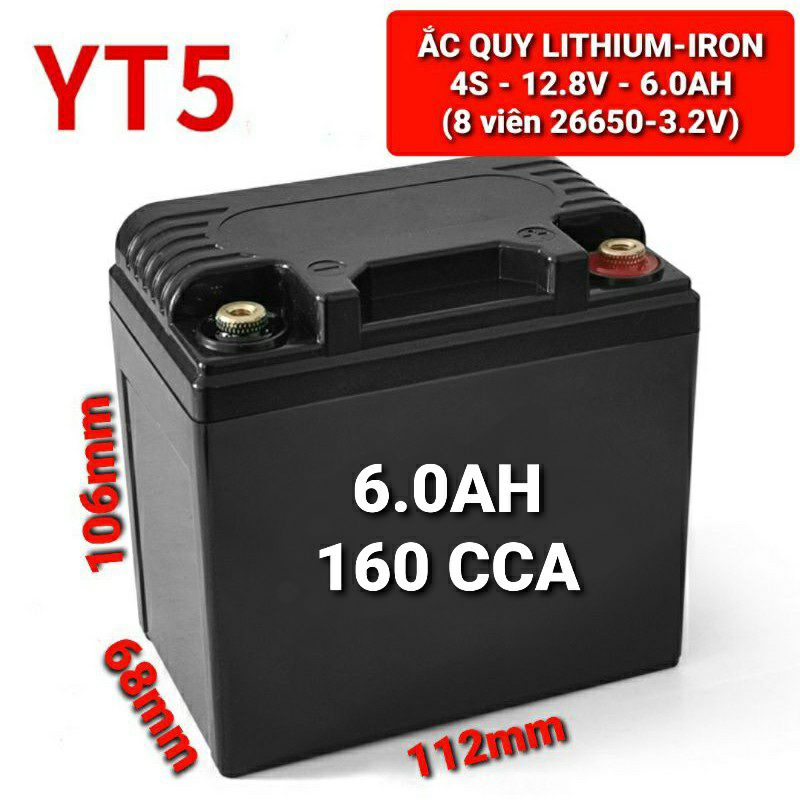 Achun.vn -YT5- ẮC QUY LITHIUM SẮT 4S- 12.8V - 6.0AH - 8 Cell 26650- Khởi động xe máy