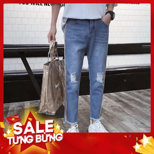 Quần baggy jeans nam nữ unisex ống suông line sọc rách gối 2019 | Lee Hoàng Group -Hàng nhập khẩu