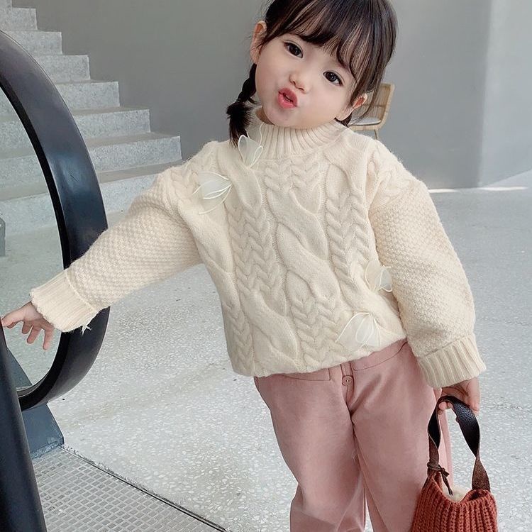 Áo sweater cổ cao phối nơ thiết kế thời trang thu đông cho bé gái tùy chọn màu sắc