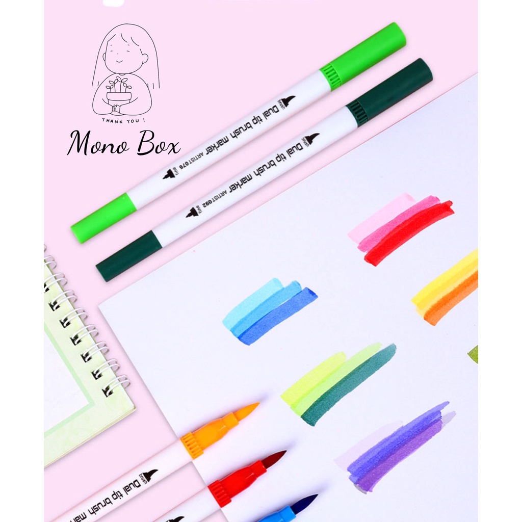 Bút lông bút brush 2 đầu bộ 12 màu sắc calligraphy, bút dạ màu trang trí sổ bullet, văn phòng phẩm tiện dụng Mono_box
