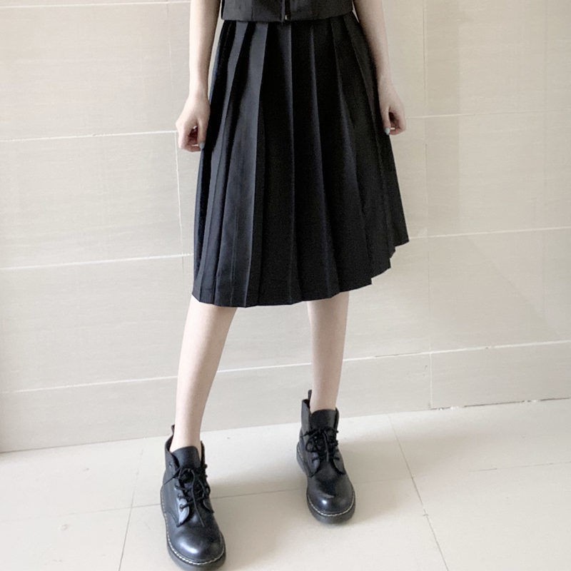 Chân váymidi dài▫♗◐Đồng phục học sinh kiểu Thái Lan hai mảnh màu oải hương JK áo sơ mi thêu rời + váy xếp ly đen thời tr