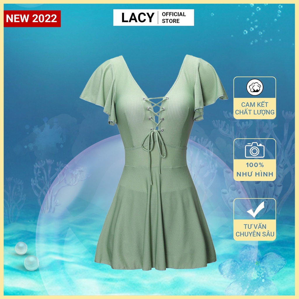 Váy bơi nữ liền dáng váy kín đáo 1 mảnh che khuyết điểm màu xanh mát mùa hè B156 LACY